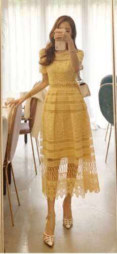 Korean temperament  openwork lace big swing long holiday dress female Solid Mesh