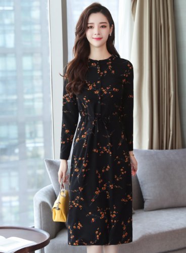 Autumn Winter New Black Floral Vintage Dress Plus Size Midi Dresses Korean