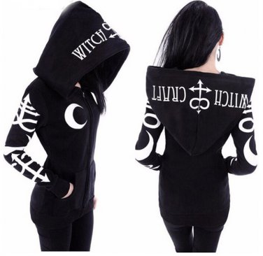 Women Loose  Hooded Print Black Cardigan Jacket coat Korean Jacket outerwear Female