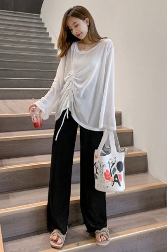 New Style T-shirt Women's  Korean-style Long Sleeve Solid Color Tops + Elastic Loose Pants Women'