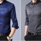 casual spring luxury plaid long sleeve slim fit men shirt streetwear