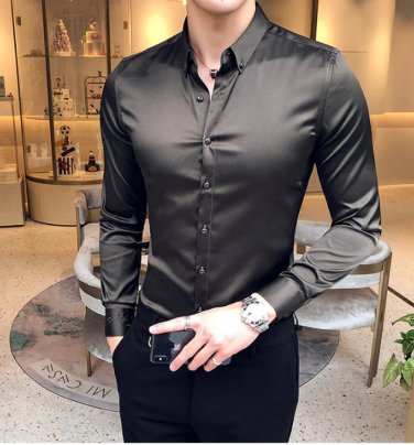 Summer Fashion solid Long Sleeve Shirt men Satin cloth nightclub bar