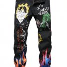 Sokotoo Men's fashion letters flame black printed jeans Slim straight colored painted stretch pants