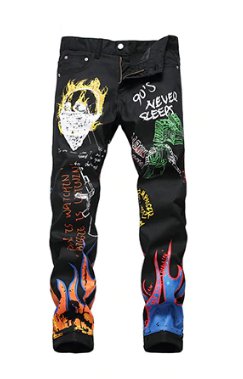 Sokotoo Men's fashion letters flame black printed jeans Slim straight colored painted stretch pants