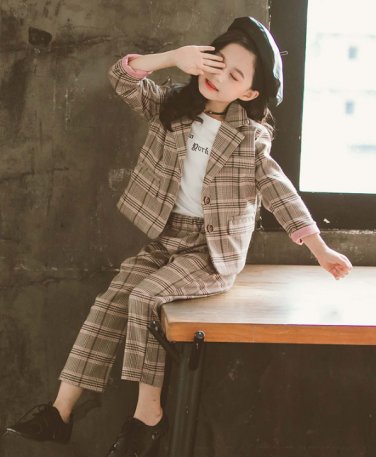 Spring Autumn Teenage Clothing Set Plaid Jackets +Pants Girls Two Piece Set