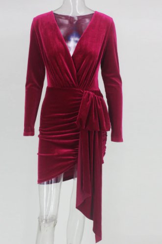 Female Velvet Dresses Office Work Women Bodycon Dress Autumn Long Sleeve V-Neck Winter Sexy
