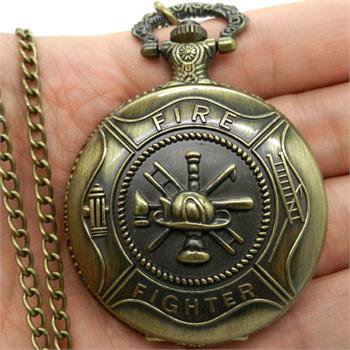 Bronze Fire Fighter Pocket Watch Necklace Pendant Chain Xmas Gift P106