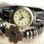 Retro Weave Wrap Around Flower Genuine Leather Bracelet Quartz Wrist Watch Lady