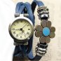 Retro Weave Wrap Around Flower Genuine Leather Bracelet Quartz Wrist Watch Lady