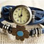Retro Weave Wrap Around Flower Genuine Leather Bracelet Quartz Wrist Watch Lady