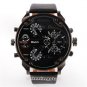 New Oulm Two Time Zones Big Dial Leather Band Quartz Wrist Watch Sport Men Male