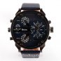 New Oulm Two Time Zones Big Dial Leather Band Quartz Wrist Watch Sport Men Male
