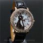 Cute Cat Round Dial Crystal Quartz Wrist Watch Black Leather Band Lady Q3531