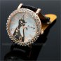 Cute Cat Round Dial Crystal Quartz Wrist Watch Black Leather Band Lady Q3531