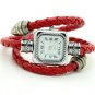 Square Dial Weave WRAP Around Leather Bracelet Lady Woman Quartz Wrist Watch