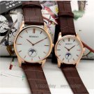 Fashional Round BF GF Couple Lover Leather Brown Wrist Watch Women Men Quartz B