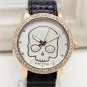 Elegant Skull Round Dial Crystal analog Black Band Quartz Wrist Watch Lady Q3586