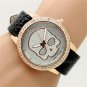 Elegant Skull Round Dial Crystal analog Black Band Quartz Wrist Watch Lady Q3586