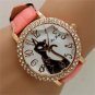 Cute Cat Round Dial Crystal Quartz WristWatch Pink Leather Band Lady Women Q3535