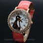 Cute Cat Round Dial Crystal Quartz WristWatch Pink Leather Band Lady Women Q3535