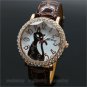 Cute Cat Round Dial Crystal Quartz WristWatch Brown Leather Band Lady Girl Q3533