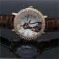 Cute Cat Round Dial Crystal Quartz WristWatch Brown Leather Band Lady Girl Q3533