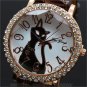 Cute Cat Round Dial Crystal Quartz WristWatch Brown Leather Band Lady Girl Q3533