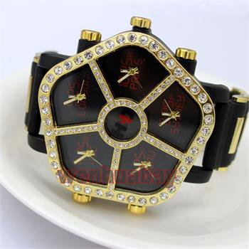 Cool Black Big Dial Bling Crystal Quartz WristWatch Rubber Band Men Lady Q3116