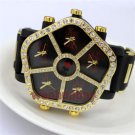Cool Black Big Dial Bling Crystal Quartz WristWatch Rubber Band Men Lady Q3116