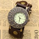 Antique Dark Brown Leather Band Bracelet Round Dial Quartz Watch Men Gifts B2252