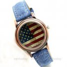 Retro Faux Leather Quartz Wrist Watch Women Girls US Flag Round Cute Gift Q1303