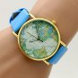 PU Leather Map Round Simple Analog Quartz Watch Gift Men Women Lady 86Q3686