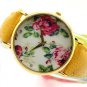 Simple Yellow Leather Crystal Flower Analog Elegant Wrist Watch Women Gift Q4046