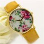Simple Yellow Leather Crystal Flower Analog Elegant Wrist Watch Women Gift Q4046