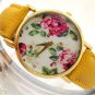 Simple Yellow Leather Crystal Flower Analog Elegant Wrist Watch Women Gift Q4046