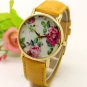 Simple Yellow Leather Crystal Flower Analog Elegant Wrist Watch Women Gift Q4046