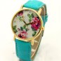 Simple Green Leather Crystal Flower Analog Elegant Wrist Watch Women Gift Q4045