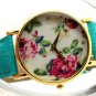 Simple Green Leather Crystal Flower Analog Elegant Wrist Watch Women Gift Q4045