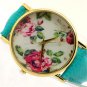 Simple Green Leather Crystal Flower Analog Elegant Wrist Watch Women Gift Q4045