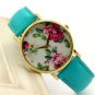 Simple Green Leather Crystal Flower Analog Elegant Wrist Watch Women Gift Q4045