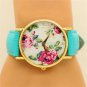 Simple Green Leather Crystal Flower Analog Elegant Wrist Watch Women Gift Q4045