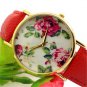 Charm Round Dial Flower Crystal Red Band Quartz Wrist Watch Women Lady CA Q4044