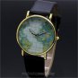 PU Leather Map Round Simple Analog Quartz Watch Gift Men Women Lady 86 Q3681