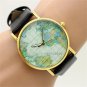 PU Leather Map Round Simple Analog Quartz Watch Gift Men Women Lady 86 Q3681