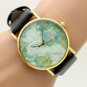 PU Leather Map Round Simple Analog Quartz Watch Gift Men Women Lady 86 Q3681