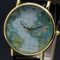 PU Leather Map Round Simple Analog Quartz Watch Gift Men Women Lady 86 Q3681