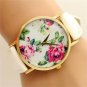 Charm Round Dial Flower Crystal White Band Quartz WristWatch Women Lady Q4042