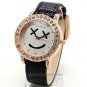Smile Simple Round Crystal Leather Black Band Quartz Wrist Watch Women 86 Q3641
