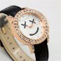 Smile Simple Round Crystal Leather Black Band Quartz Wrist Watch Women 86 Q3641