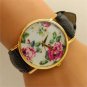 Simple Round Leather Crystal Flower Analog Chinese Elegant Wrist Watch Women 86